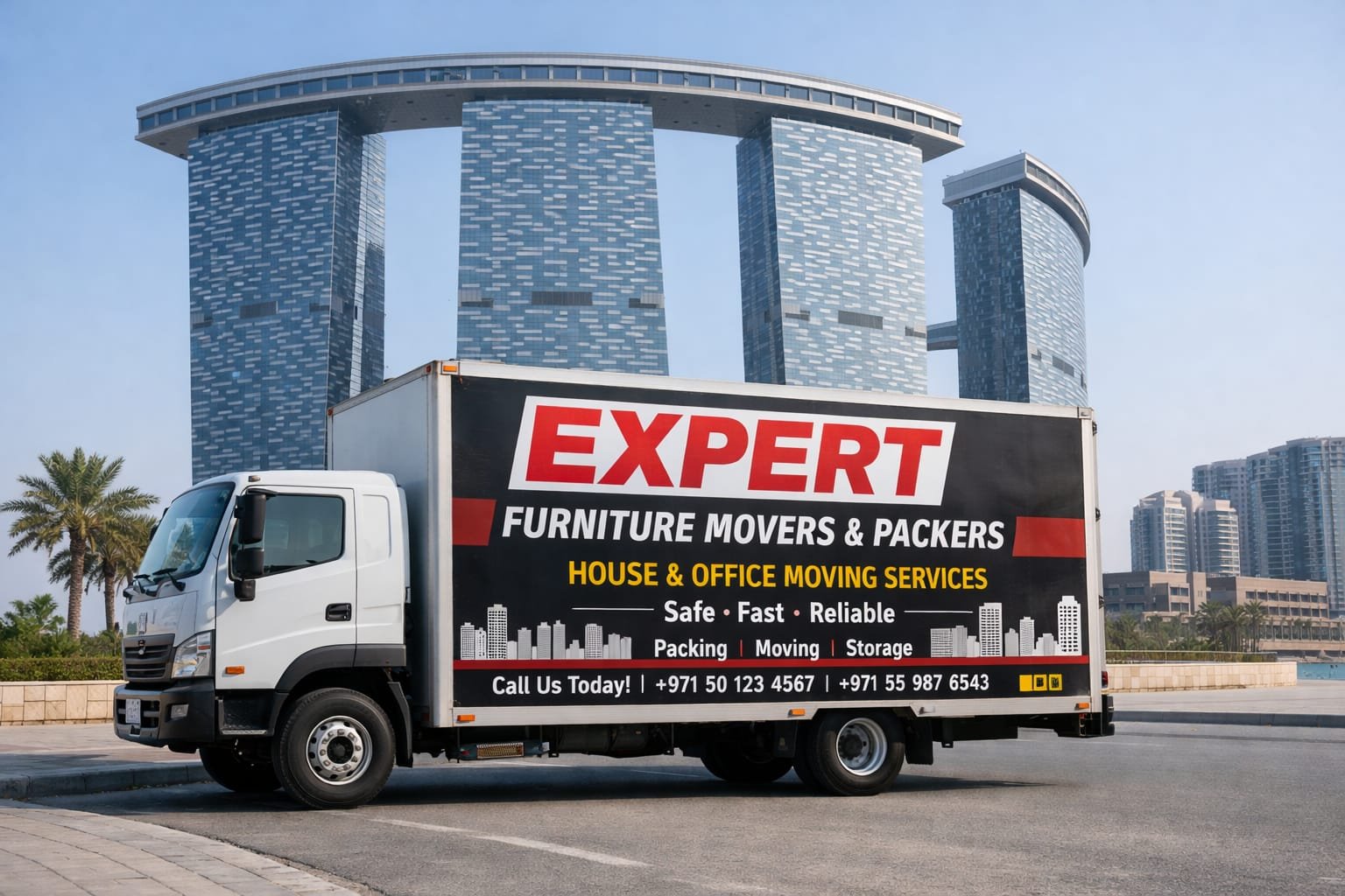 Moving company Abu Dhabi — professional crew carefully wrapping furniture inside an Al Reem Island apartment