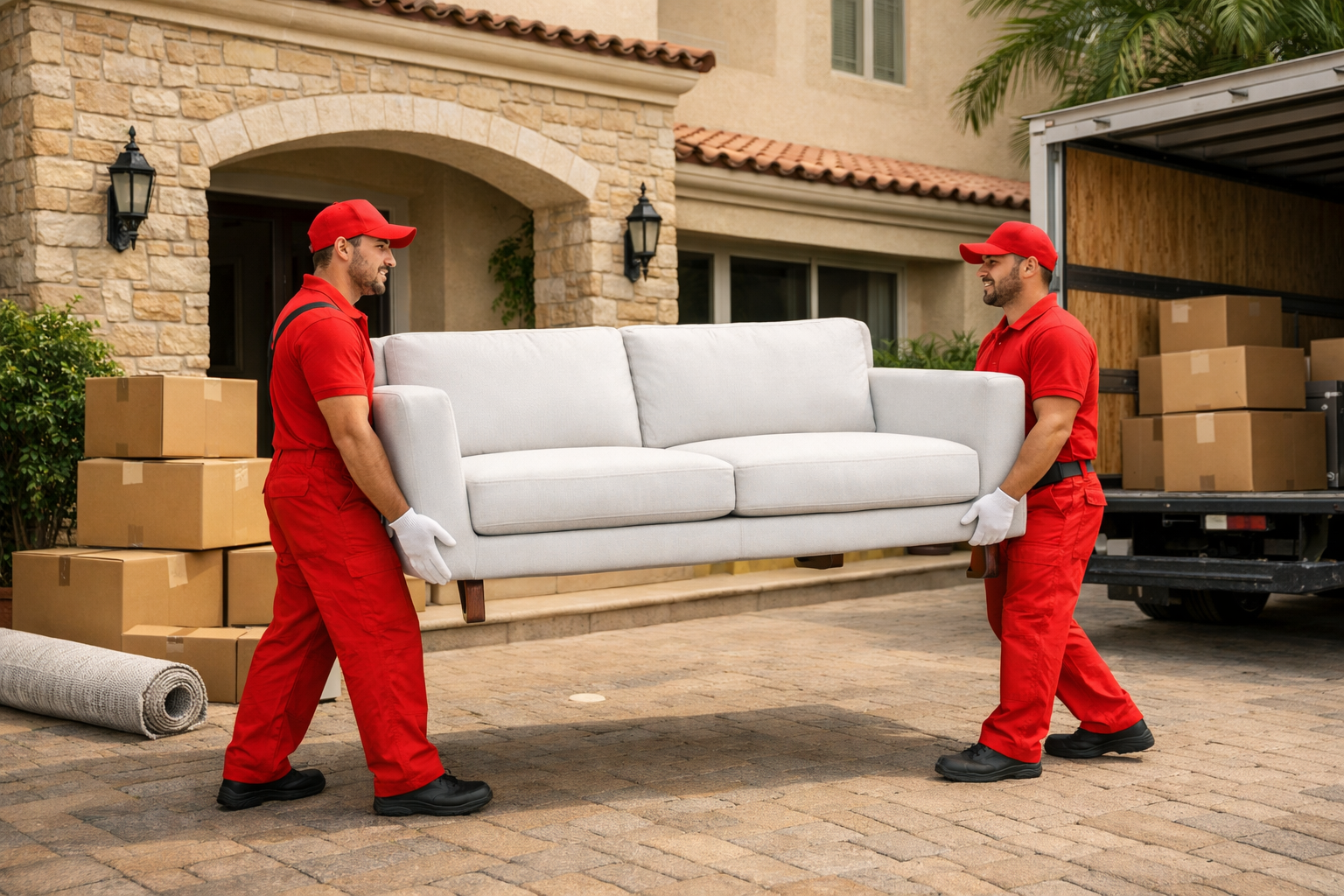 Apartment movers in Abu Dhabi — professional crew moving furniture in a residential tower