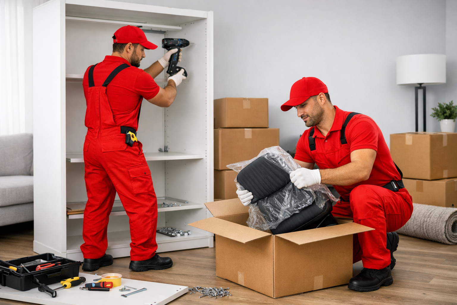 Furniture moving and installation Abu Dhabi — team assembling furniture in new apartment